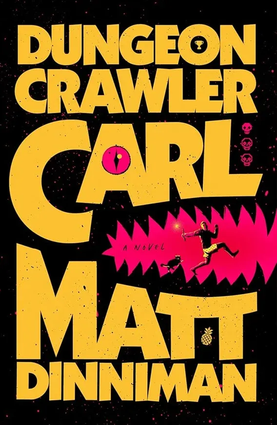 Dungeon Crawler Carl's book cover showcasing a man running with a cat through what looks like a cave.