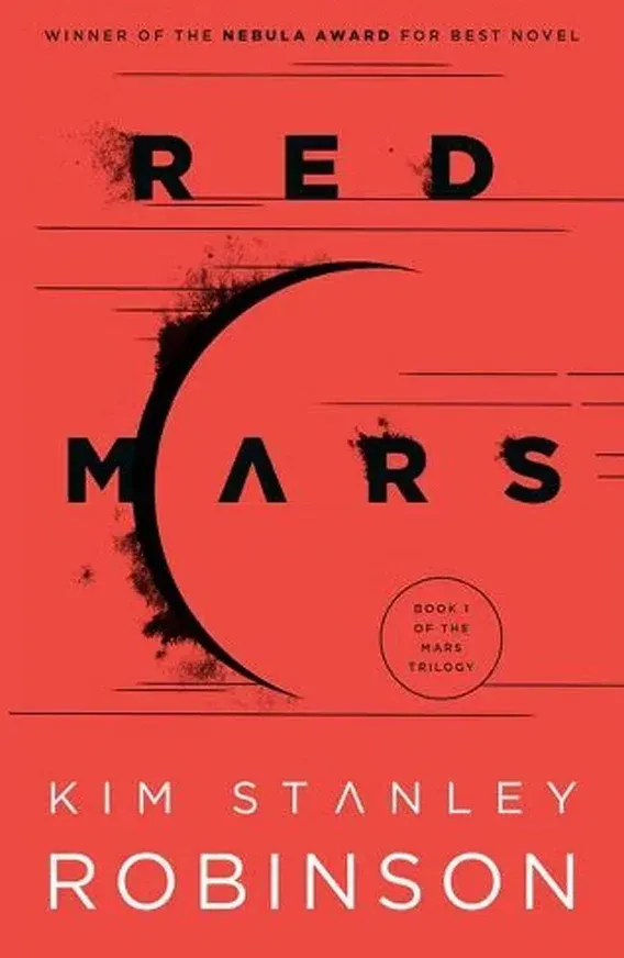 Red mars book cover featuring an abstract outline of Mars on a red background.